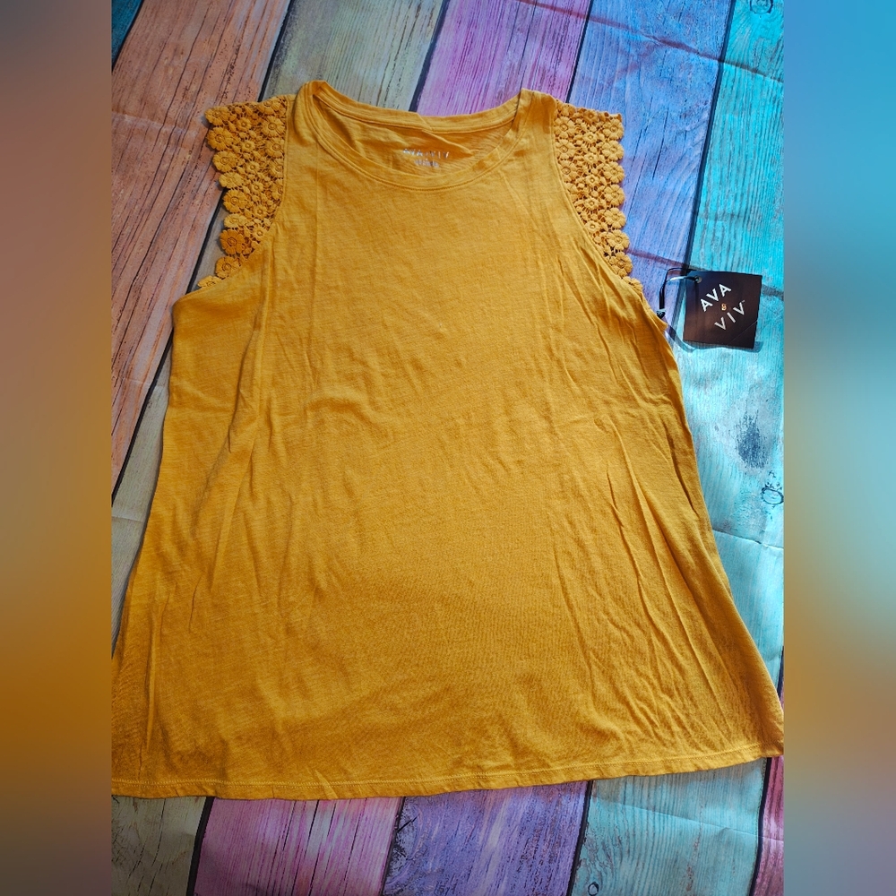 Ava & Viv X (14W) Yellow Lace Sleeve Top #0419